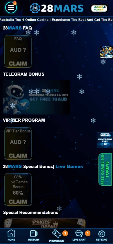 28 Mars Casino mobile promotions interface