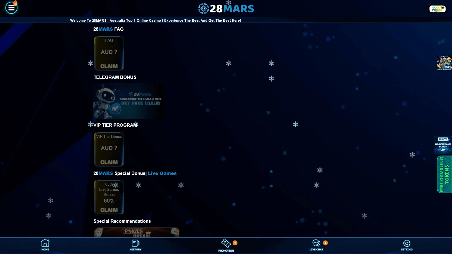 28 Mars Casino desktop promotions interface