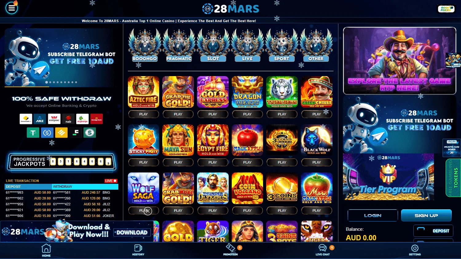 28 Mars Casino desktop home interface